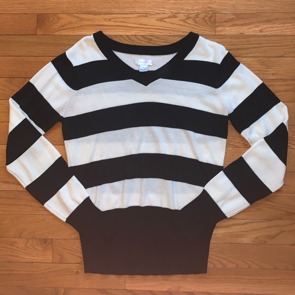 Black and White Striped V-Neck Sweater